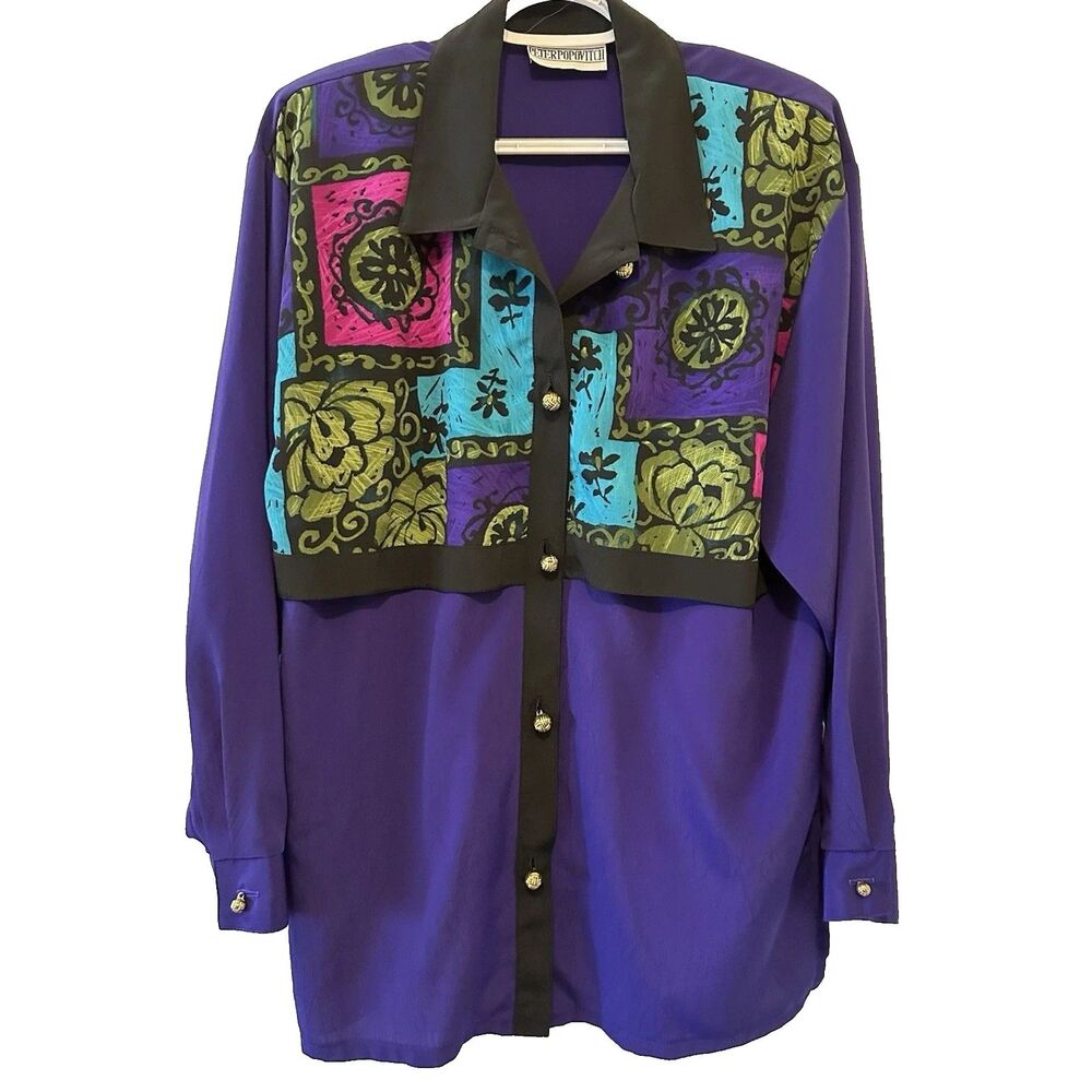 Vintage Peter Popovitch Jewel-Tone Patchwork Blouse w/ Shoulder Pads Size XL/1X